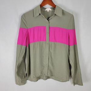 Honey Punch Shirt Womens Small Top Wide Pink Stripe Long Sleeve Collar Button Up